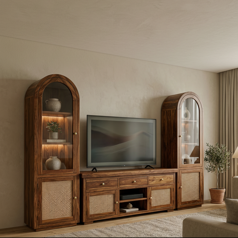 Oliver Premium Solid Wood TV Unit with Cane Panel Cabinet