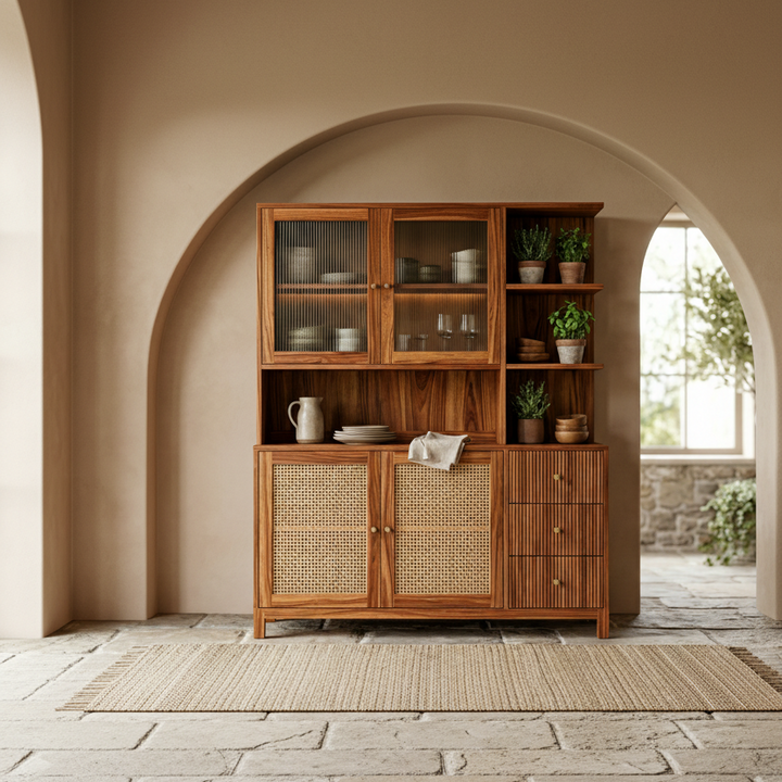 Jack Classic Kitchen Cabinet with Glass Cane Weave (Honey Finish)
