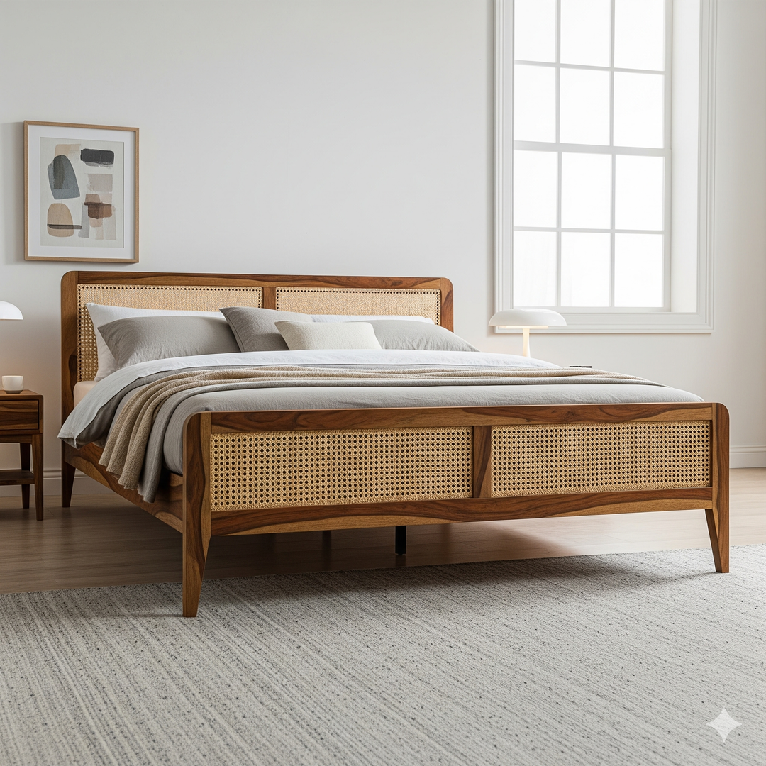 Metali Sheesham Wood & Cane Bed – Honey Finish