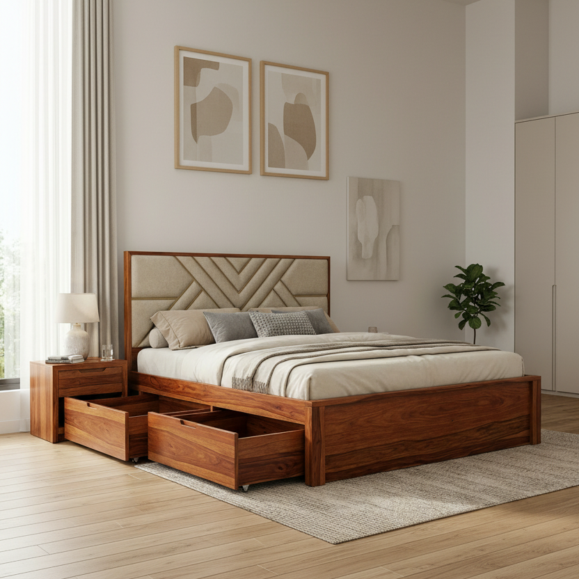 Joel Premium Sheesham Wood Bed with Fabric Headboard