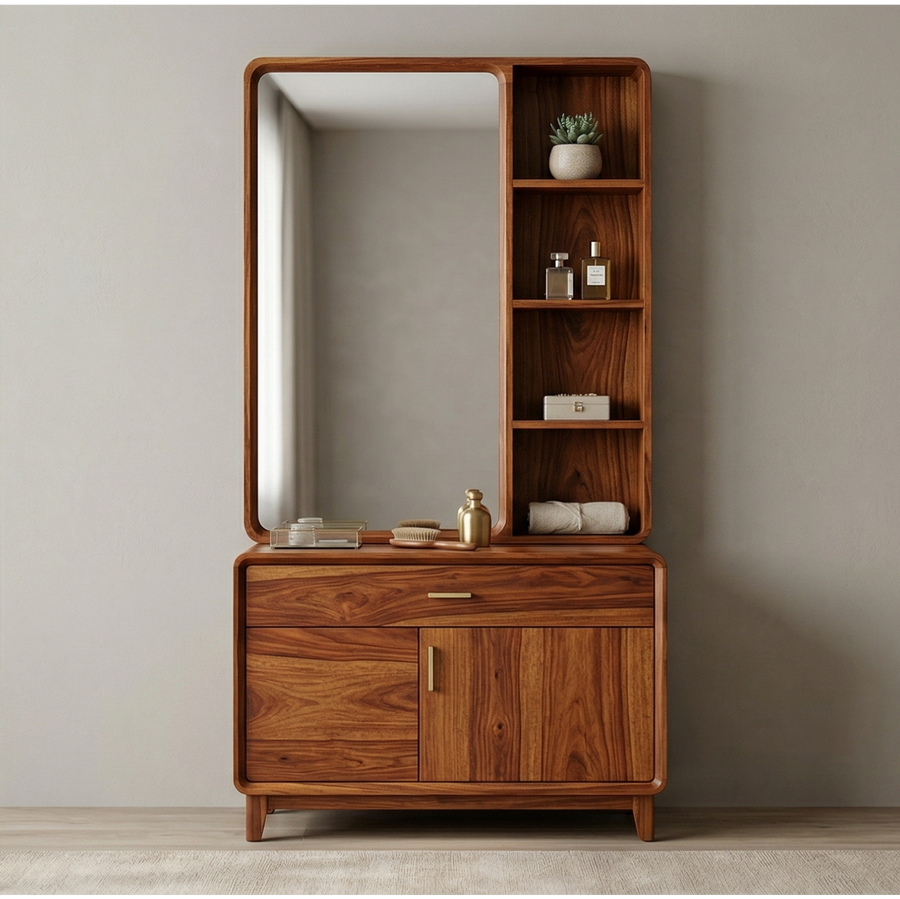 Dylan Sheesham Wood Dressing Table with Mirror and Storage (Honey Finish)