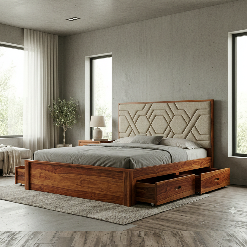 Riley Premium Sheesham Wood Bed with Fabric Headboard