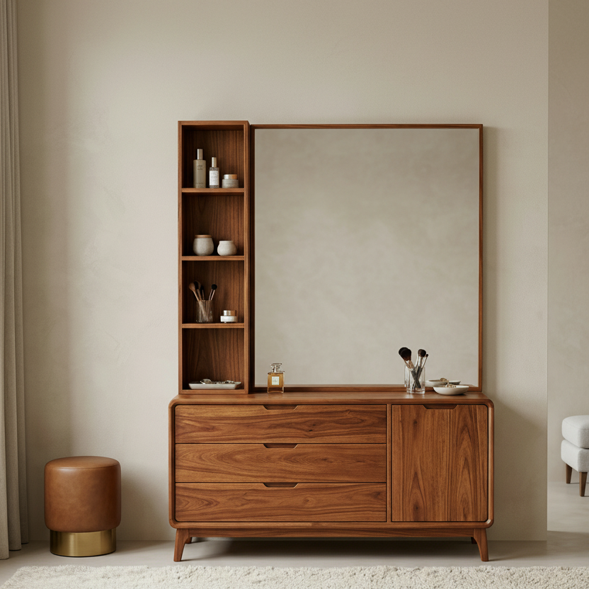 Vincent Sheesham Wood Dressing Table with Mirror and Storage (Honey Finish)