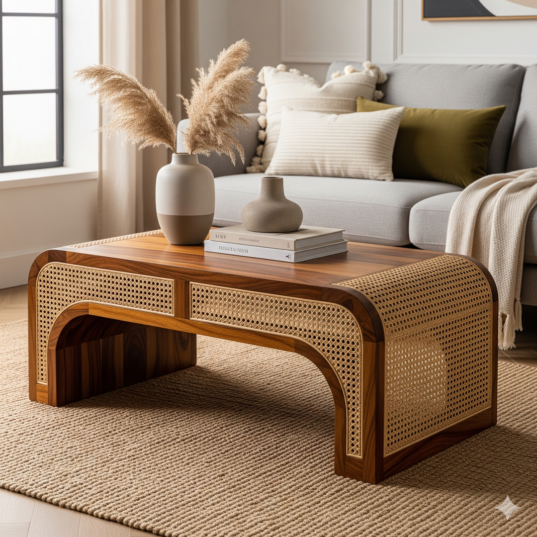 Aditya Sheesham Wood & Cane Coffee Table for Living Room – Honey Finish