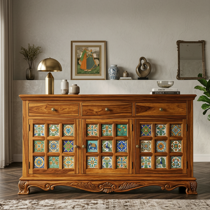 Daisy Boho Sheesham Wood Storage Cabinet Sideboard With Three Drawers (Honey Finish)