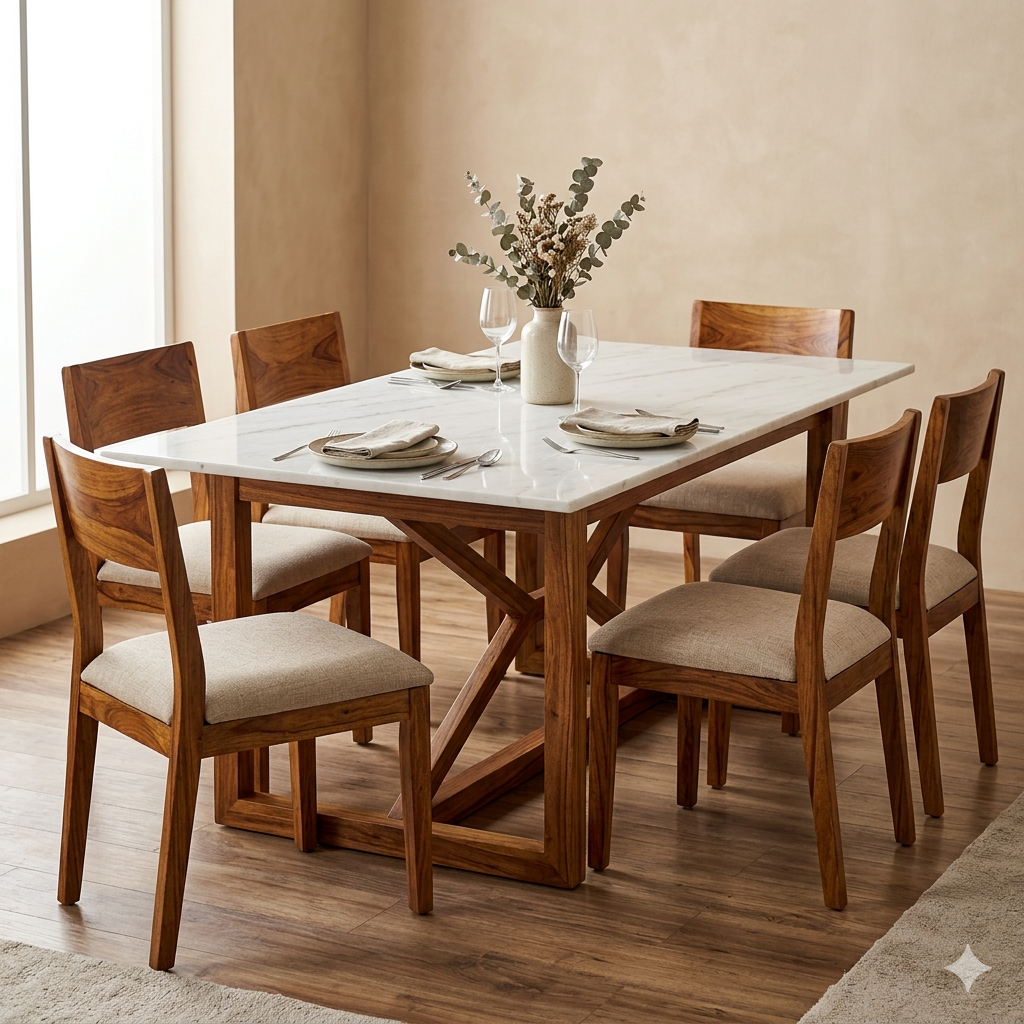 Kirill Solid Sheesham Wood 6 Seater Dining Table Set