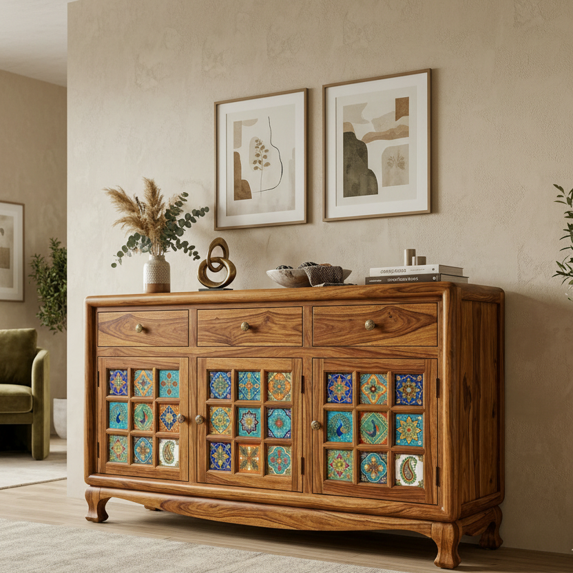 Faith Boho Sheesham Wood Storage Cabinet Sideboard With Three Drawers (Honey Finish)