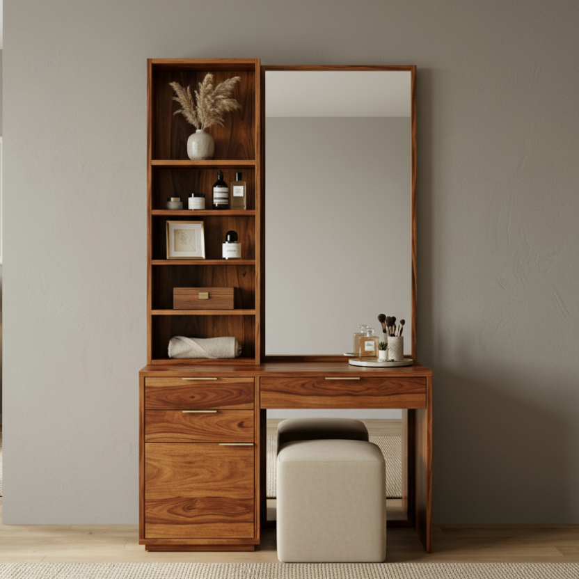 Lucas Sheesham Wood Dressing Table with Mirror and Storage (Honey Finish)