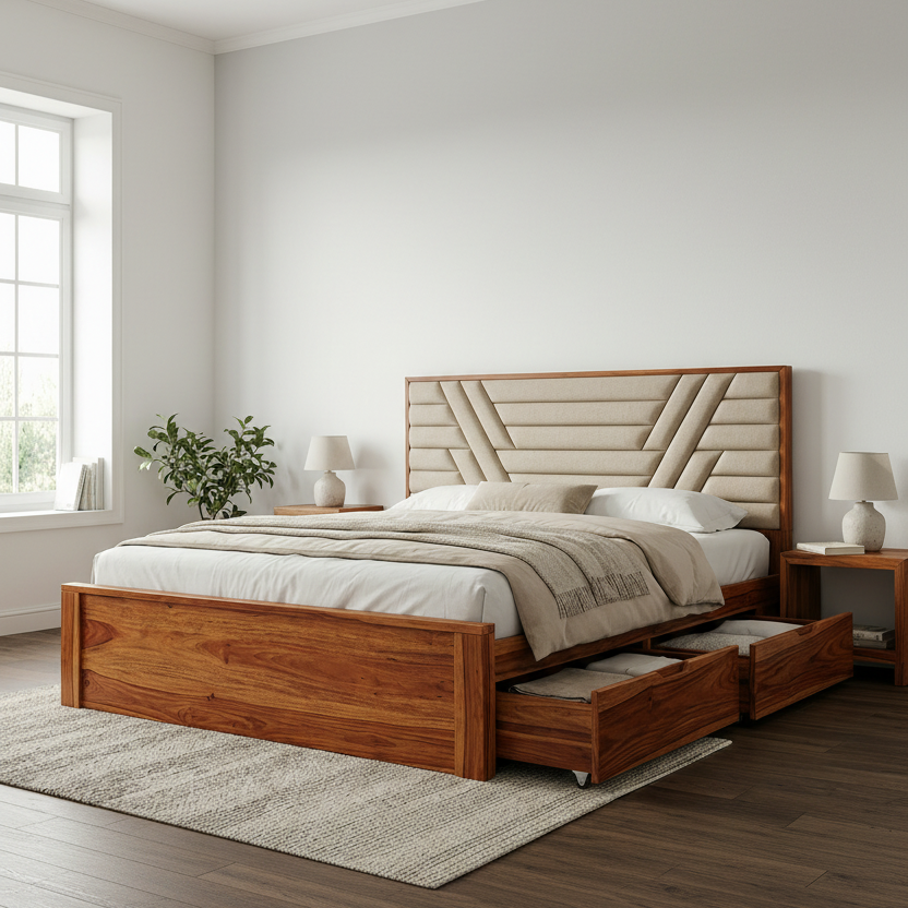 Elliot Premium Sheesham Wood Bed with Fabric Headboard