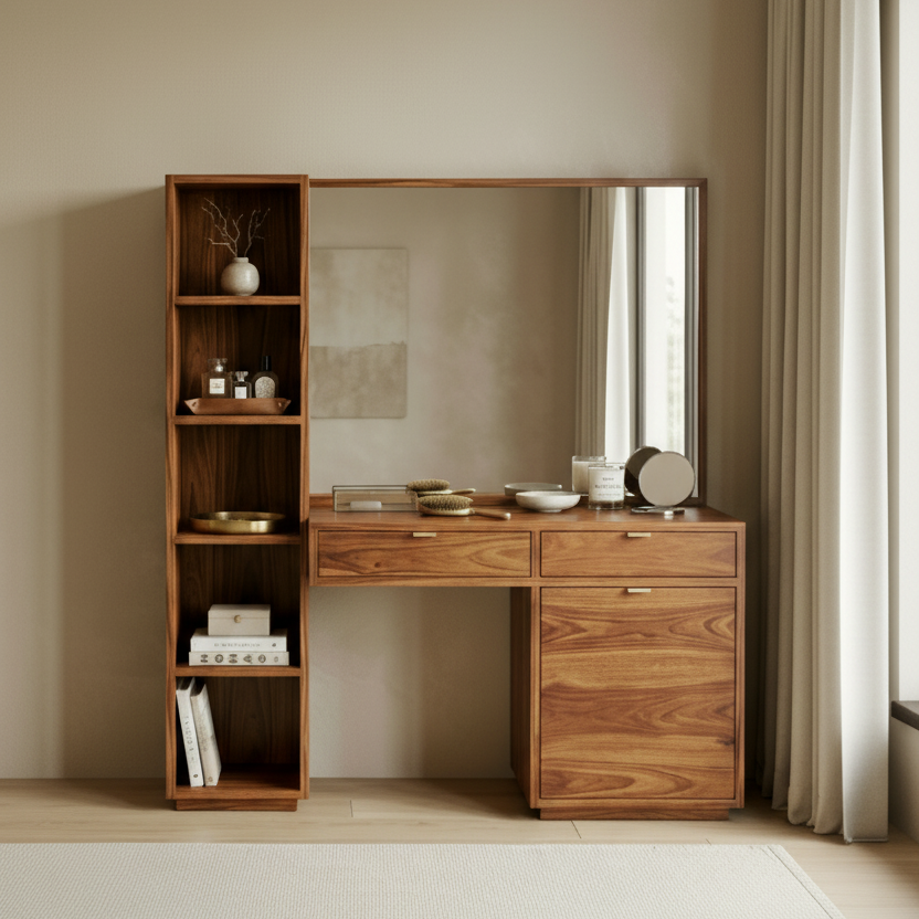 Daniel Sheesham Wood Dressing Table with Mirror and Storage (Honey Finish)