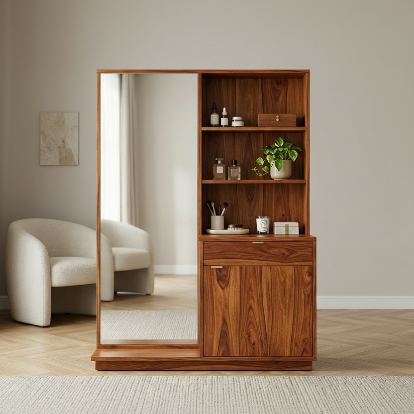 Layla Sheesham Wood Dressing Table with Mirror and Storage (Honey Finish)