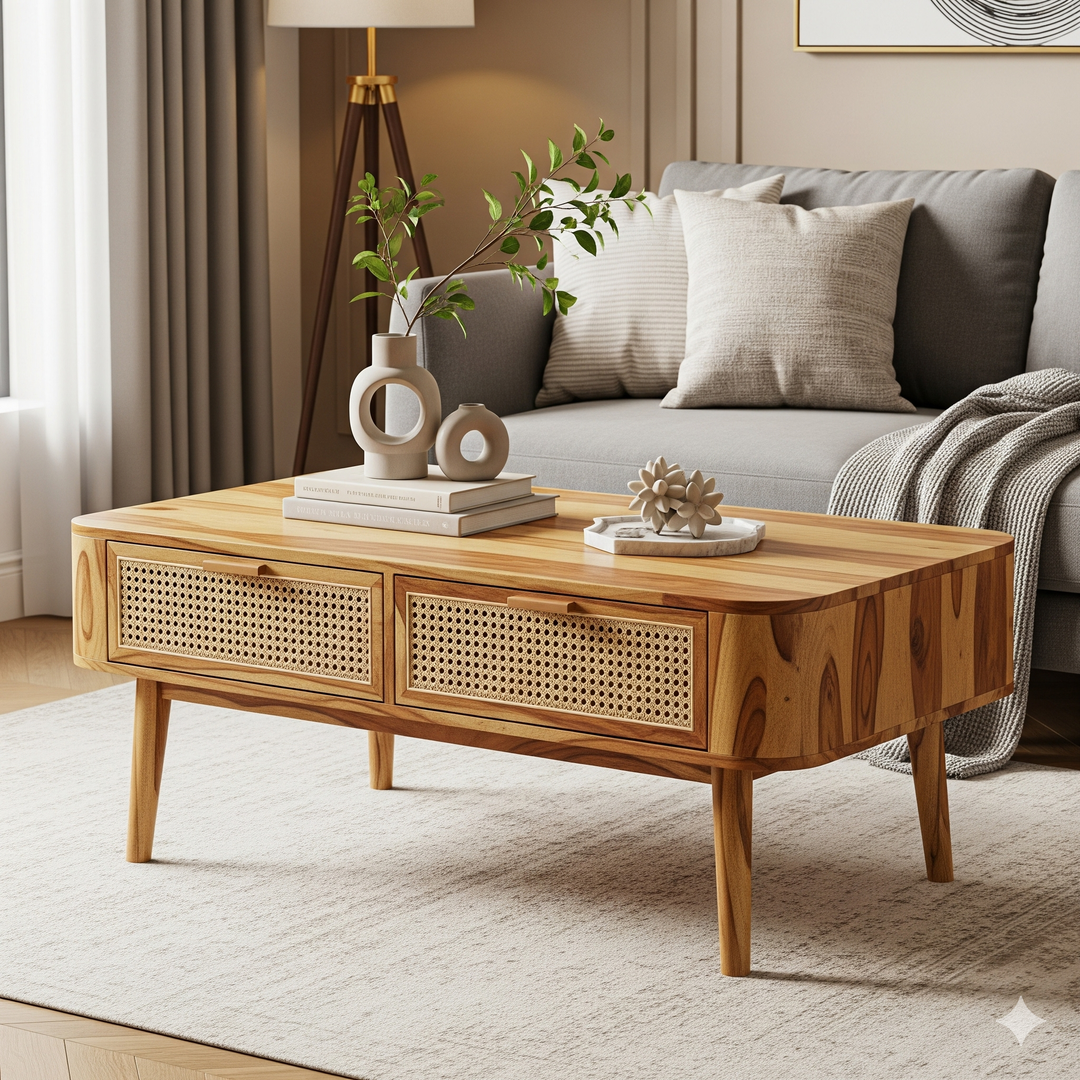 Atharv Sheesham Wood & Cane Coffee Table for Living Room – Honey Finish