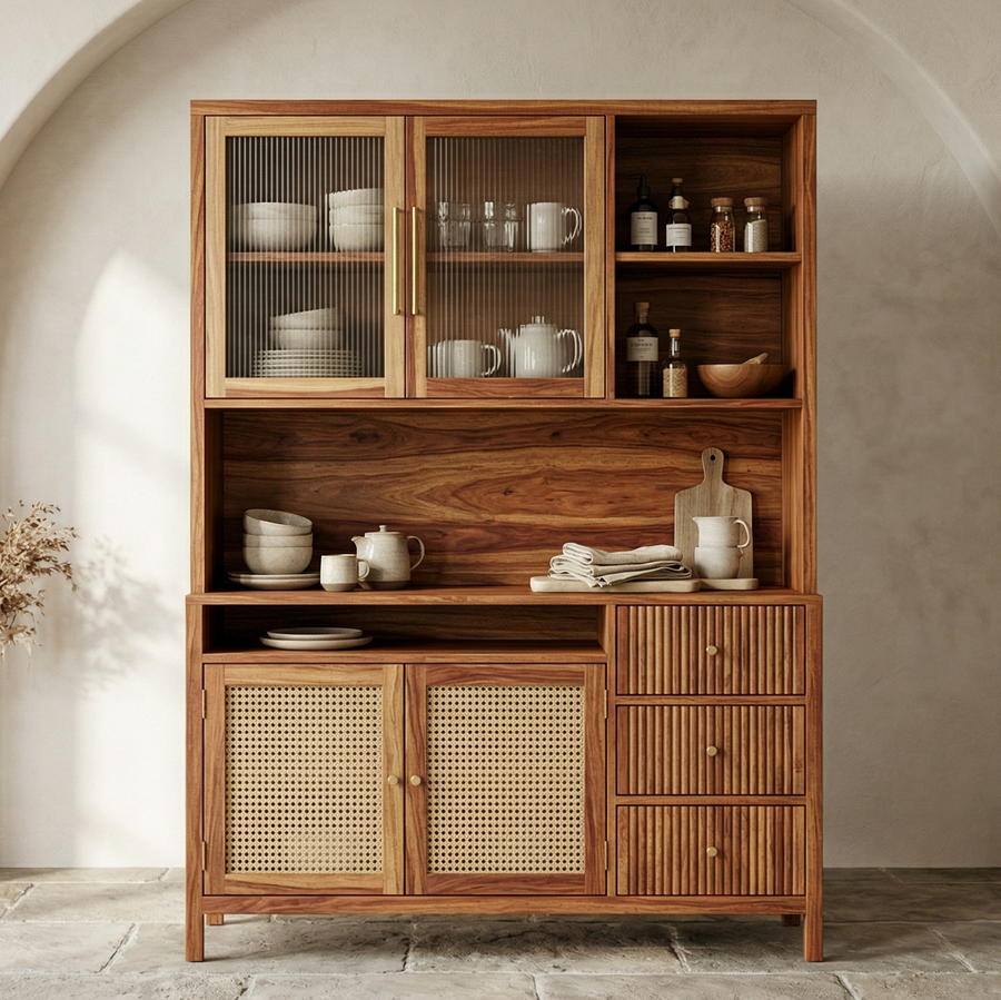 Noah Classic Kitchen Cabinet with Glass Cane Weave (Honey Finish)