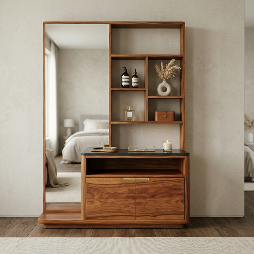 Isaac Sheesham Wood Dressing Table with Mirror and Storage (Honey Finish)