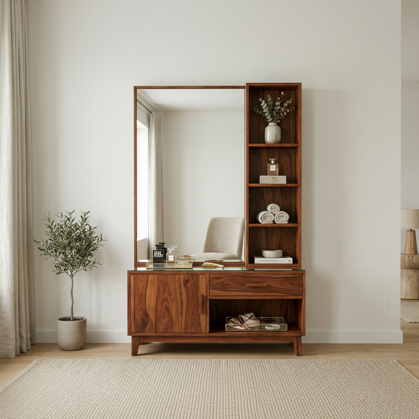 Emily Sheesham Wood Dressing Table with Mirror and Storage (Honey Finish)