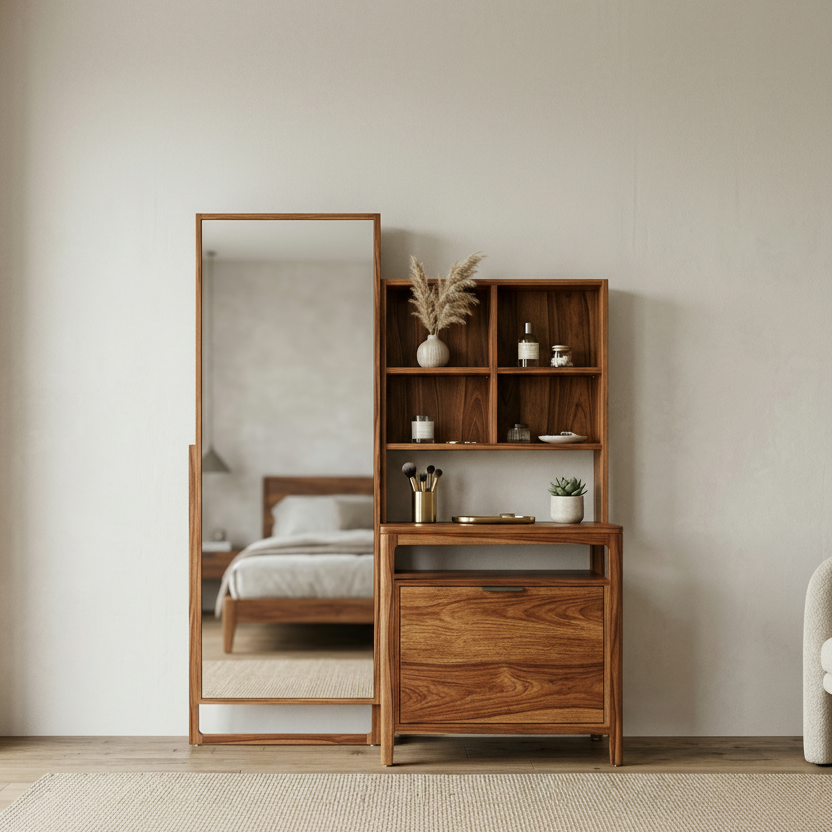 Finn Sheesham Wood Dressing Table with Mirror and Storage (Honey Finish)