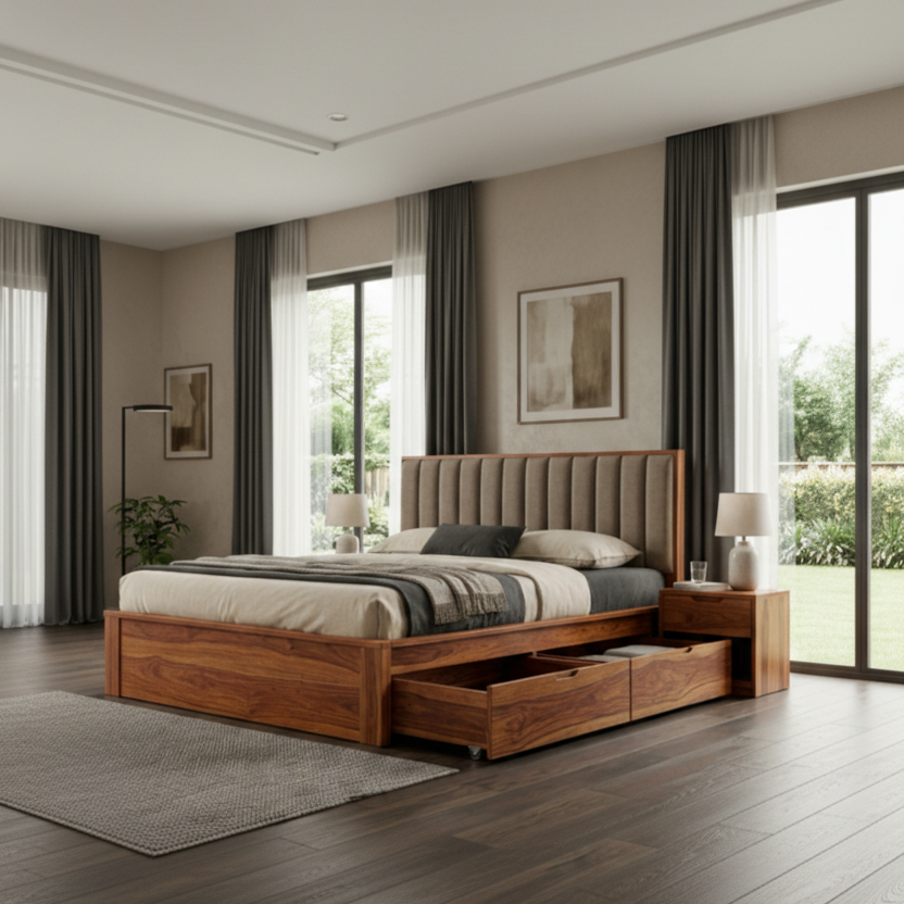 Dominic Premium Sheesham Wood Bed with Fabric Headboard