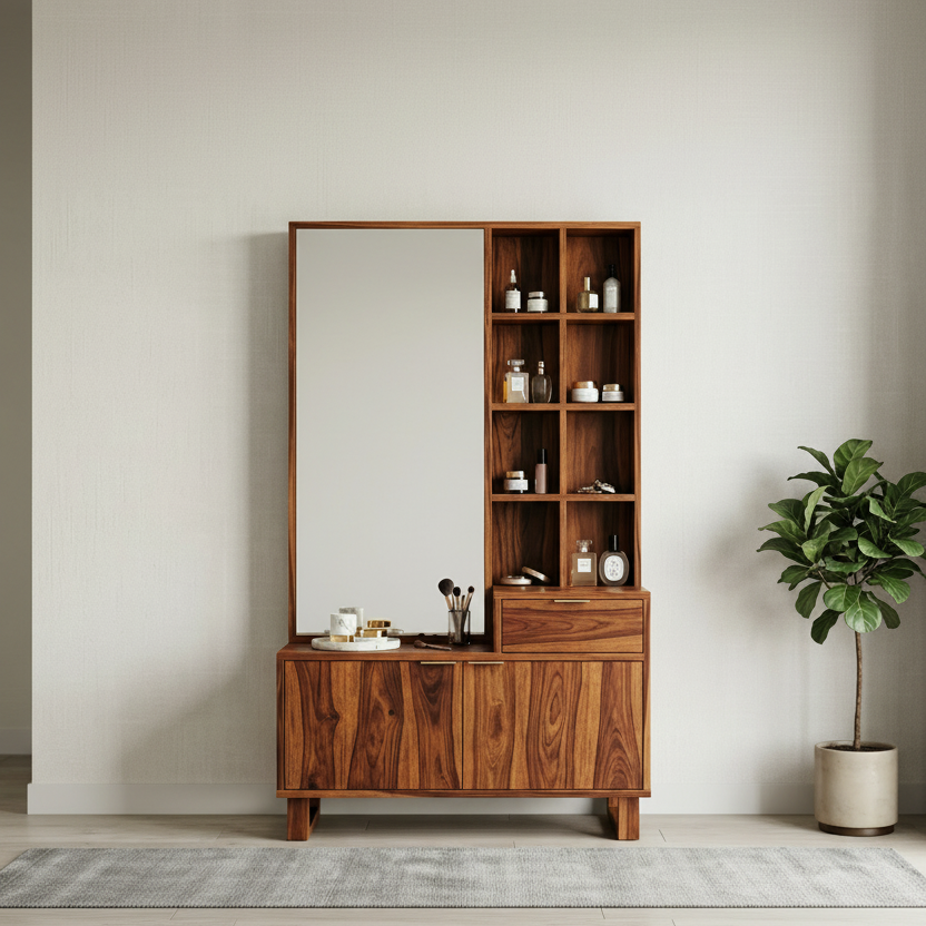 George Sheesham Wood Dressing Table with Mirror and Storage (Honey Finish)