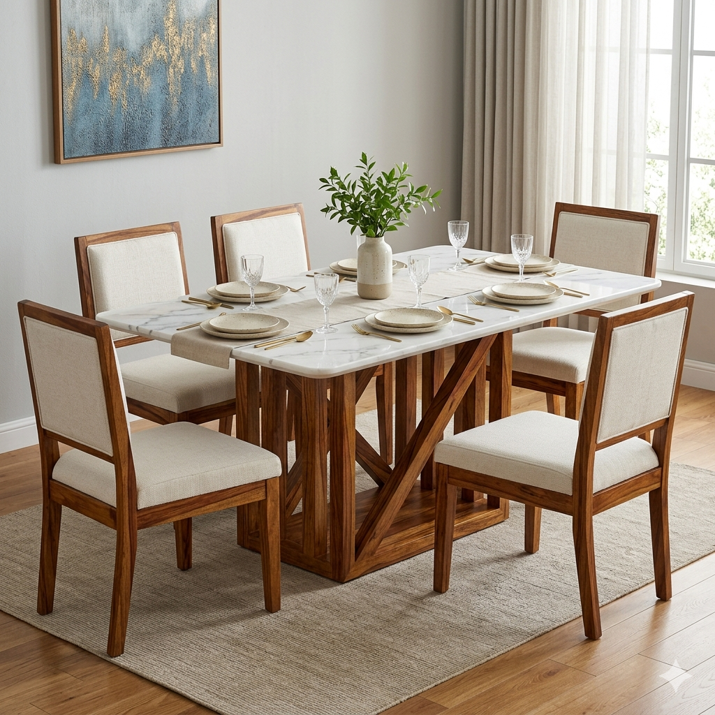 Natalia Solid Sheesham Wood 6 Seater Dining Table Set
