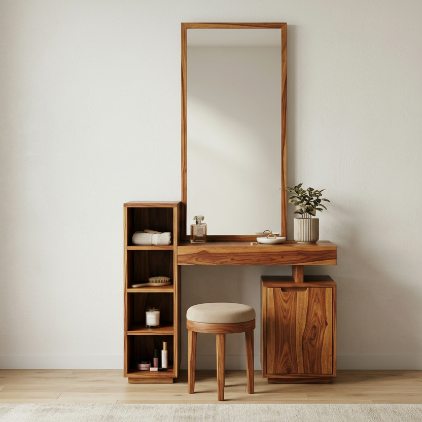 Lucy Sheesham Wood Dressing Table with Mirror and Storage (Honey Finish)