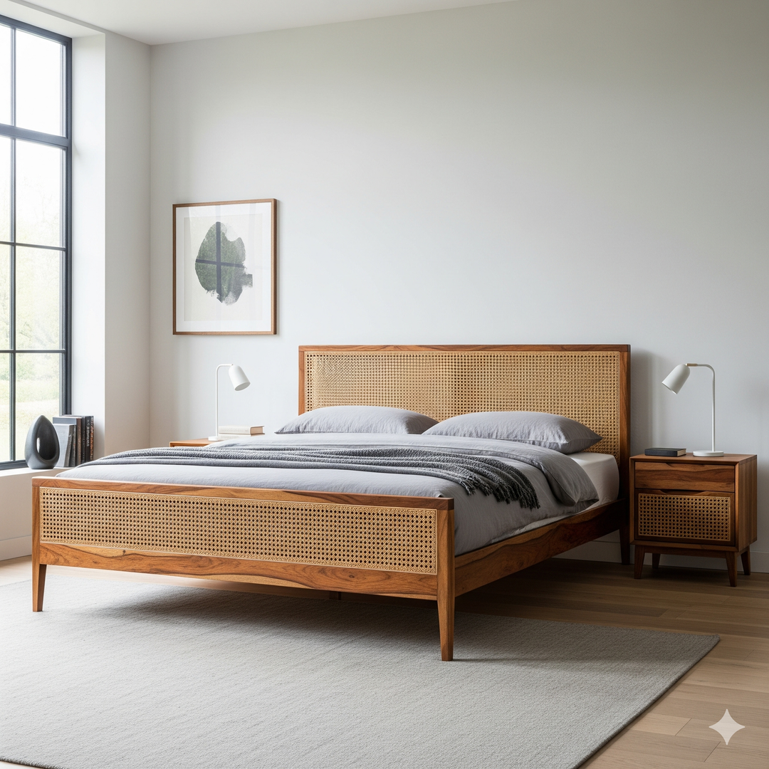 Rudra Sheesham Wood & Cane Bed – Honey Finish