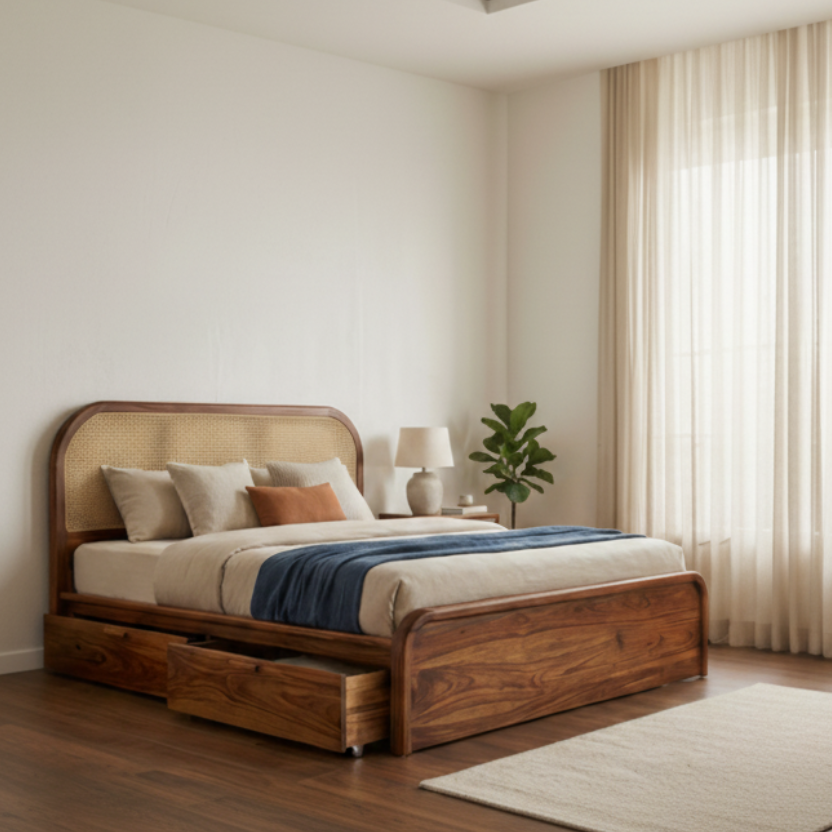 Beau Premium Sheesham Wood Bed with Cane Headboard