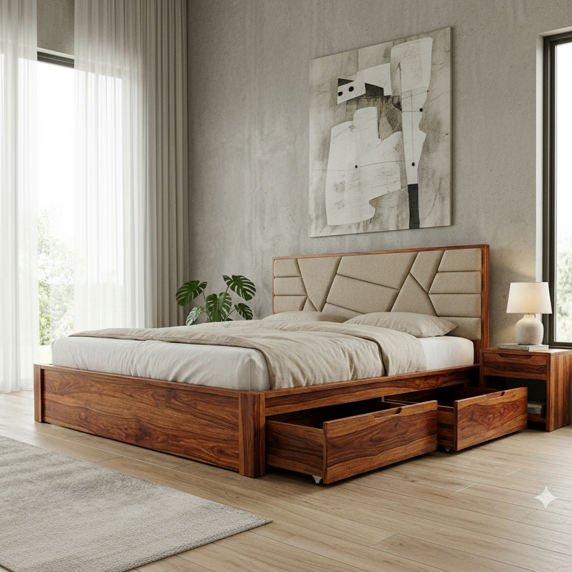 Kaius Premium Sheesham Wood Bed with Fabric Headboard