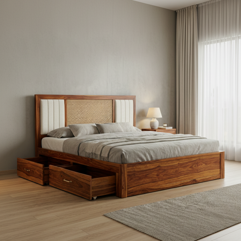 Brodie Premium Sheesham Wood Bed with Cane and Fabric Headboard