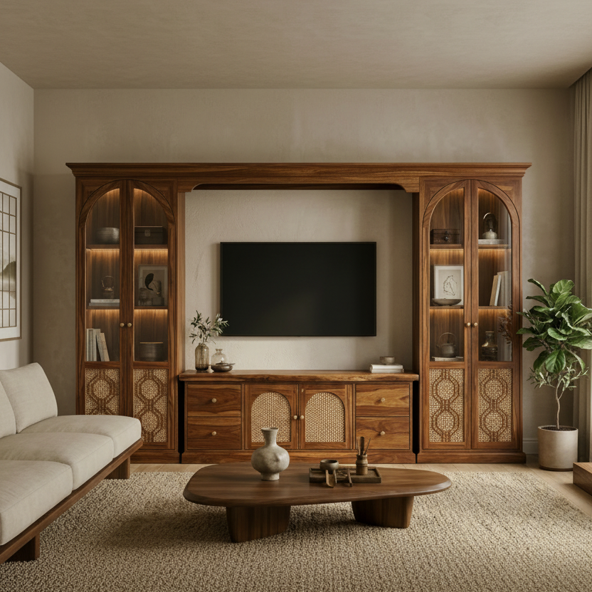 Harry Premium Solid Wood TV Unit with Cane Panel Cabinet