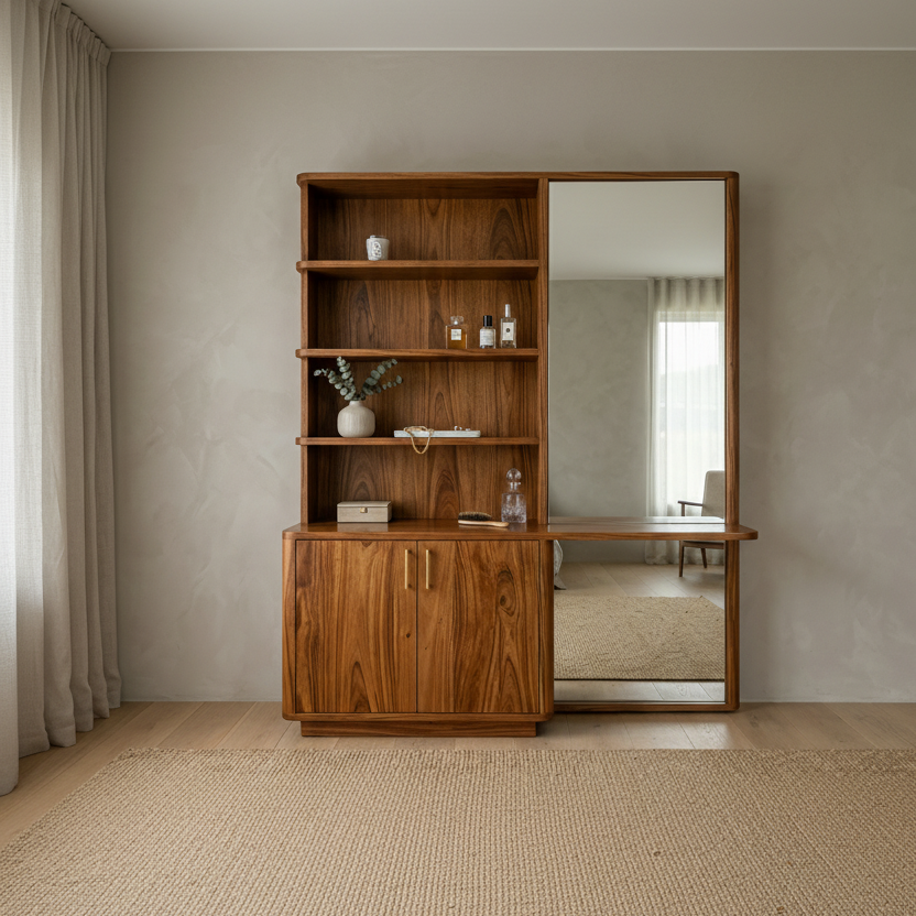 Aria Sheesham Wood Dressing Table with Mirror and Storage (Honey Finish)