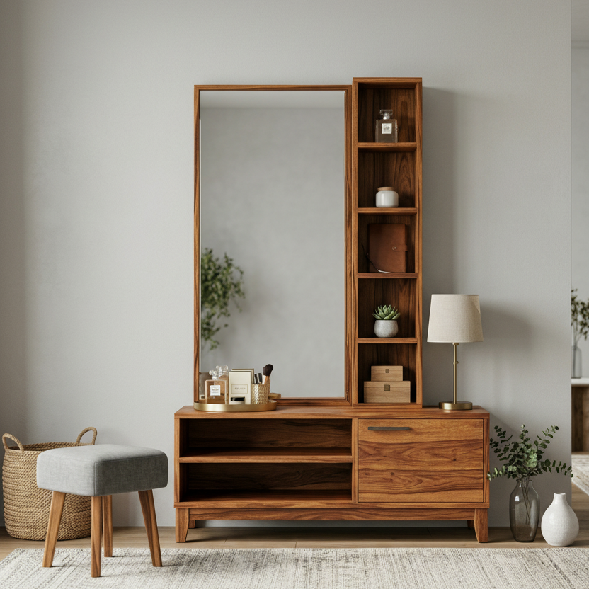 Luke Sheesham Wood Dressing Table with Mirror and Storage (Honey Finish)