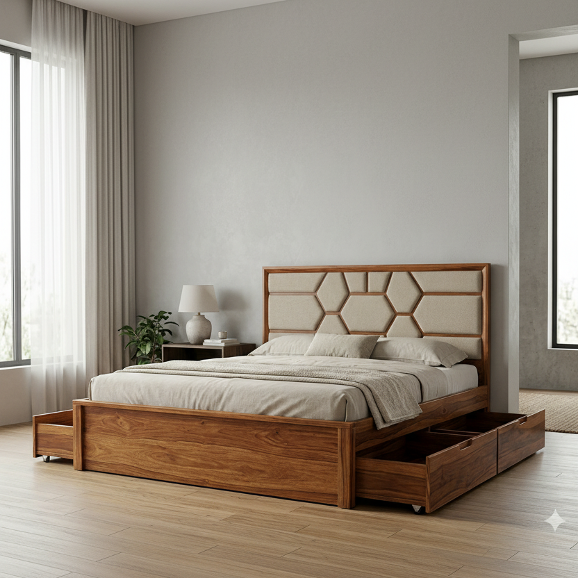 Hugo Premium Sheesham Wood Bed with Fabric Headboard