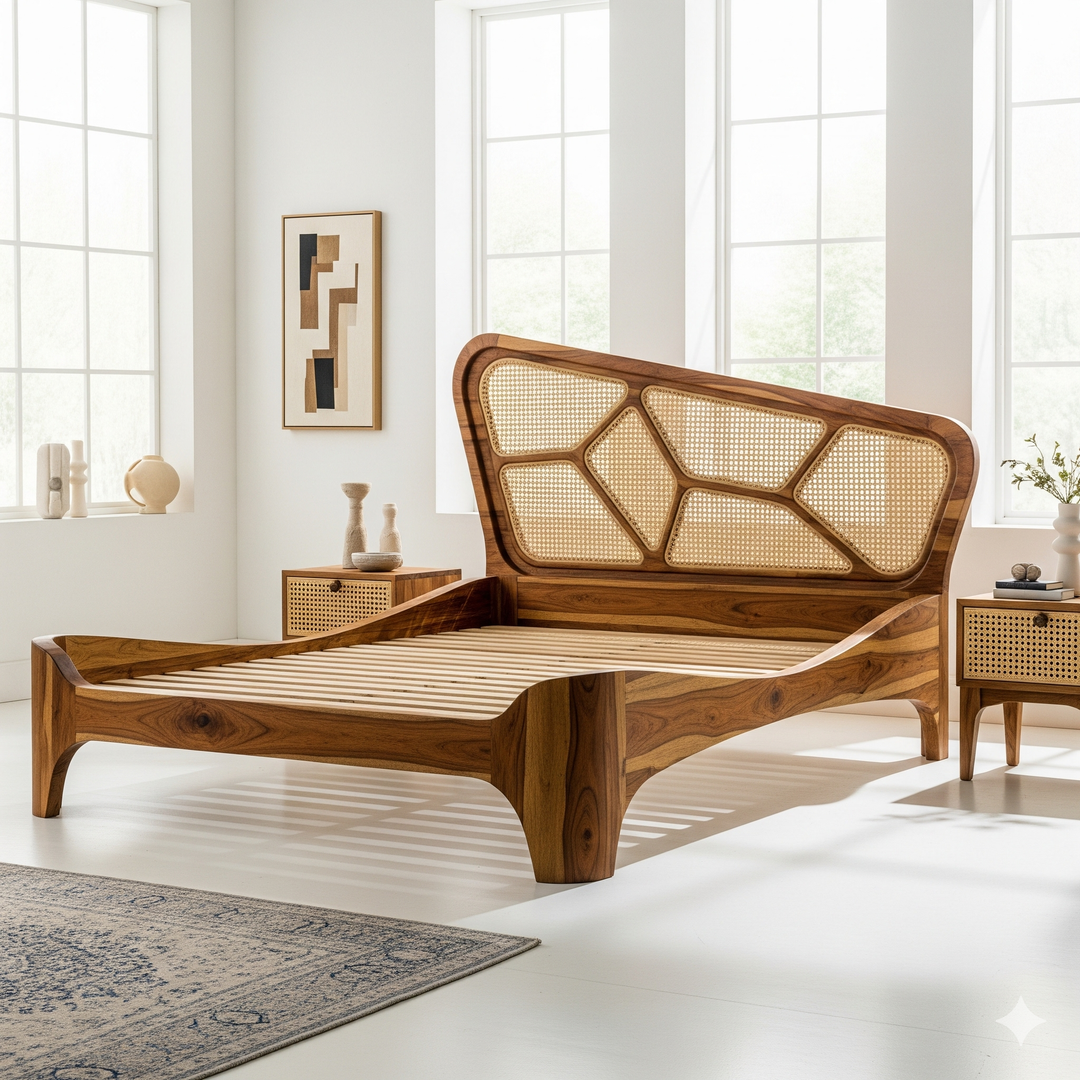 Pratiksha Sheesham Wood & Cane Bed – Honey Finish