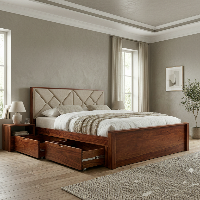Nate Premium Sheesham Wood Bed with Fabric Headboard