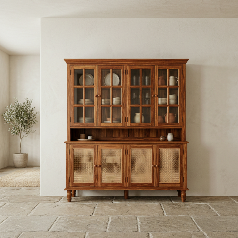 Waimarie Classic Kitchen Cabinet with Glass Cane Weave & Knobs (Honey Finish)