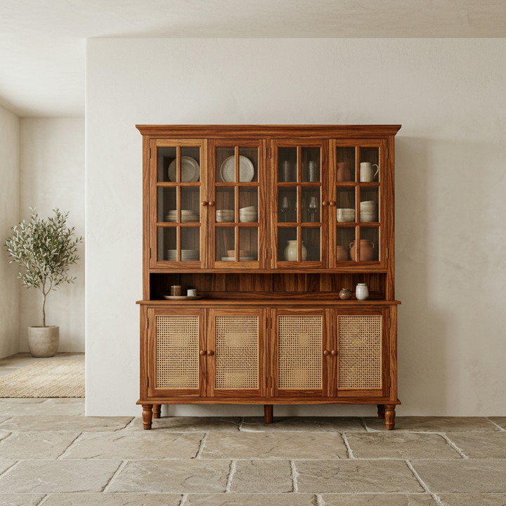 Waimarie Classic Kitchen Cabinet with Glass Cane Weave & Knobs (Honey Finish)