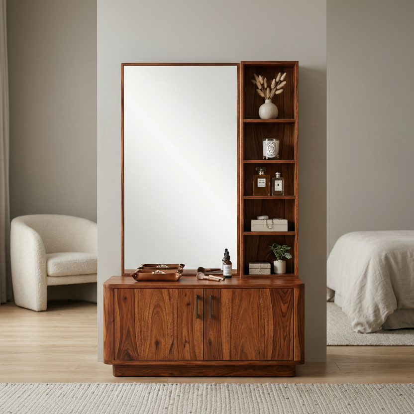 Marcus Sheesham Wood Dressing Table with Mirror and Storage (Honey Finish)