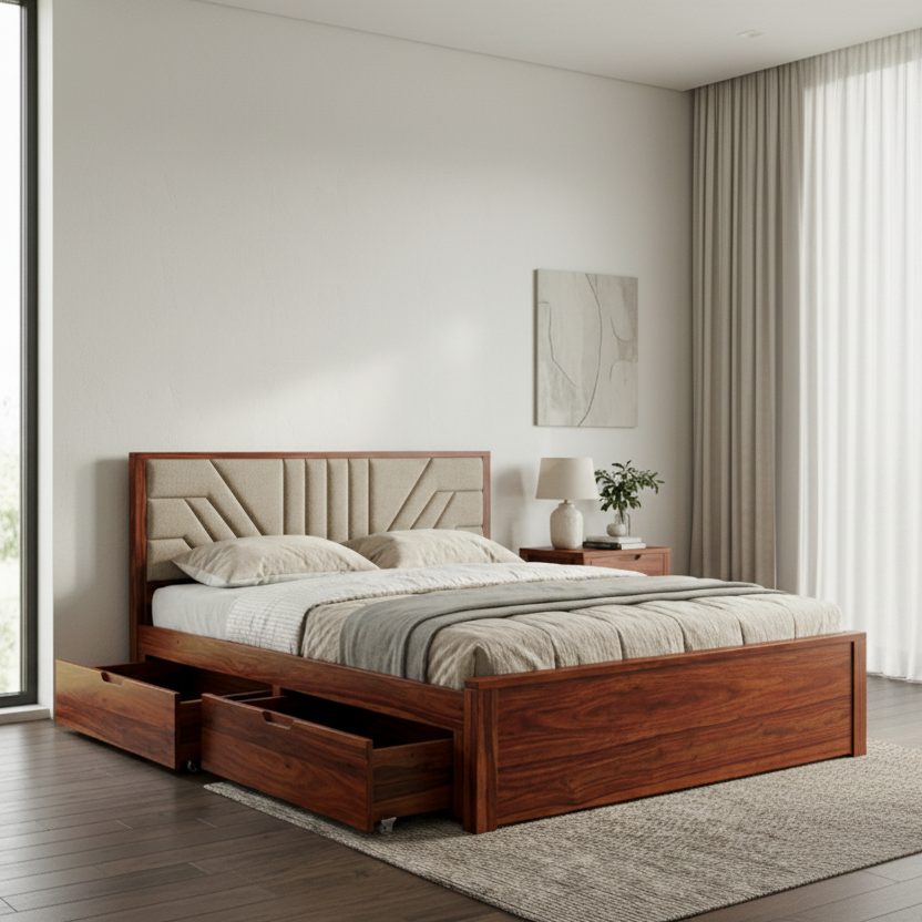 Kingston Premium Sheesham Wood Bed with Fabric Headboard