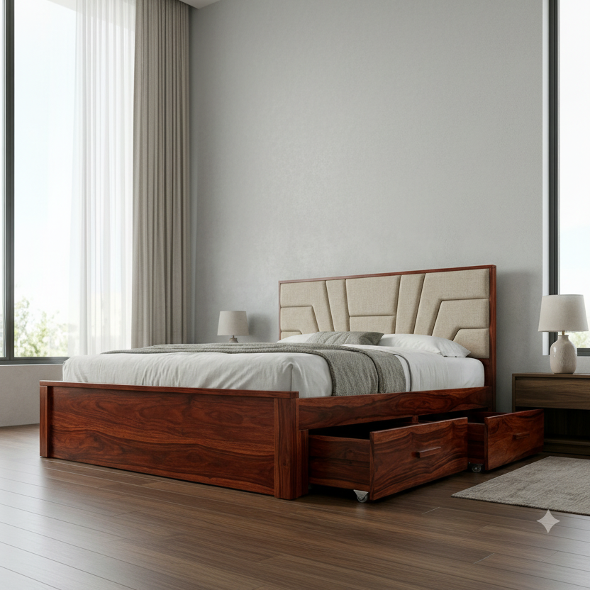 Ariana Premium Sheesham Wood Bed with Fabric Headboard