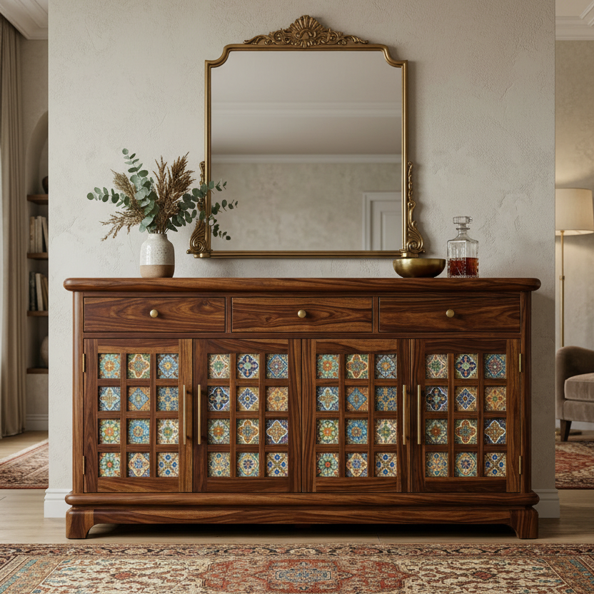 Jessica Boho Sheesham Wood Storage Cabinet Sideboard With Three Drawers (Honey Finish)