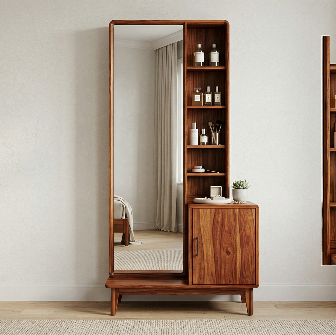 Ryan Sheesham Wood Dressing Table with Mirror and Storage (Honey Finish)