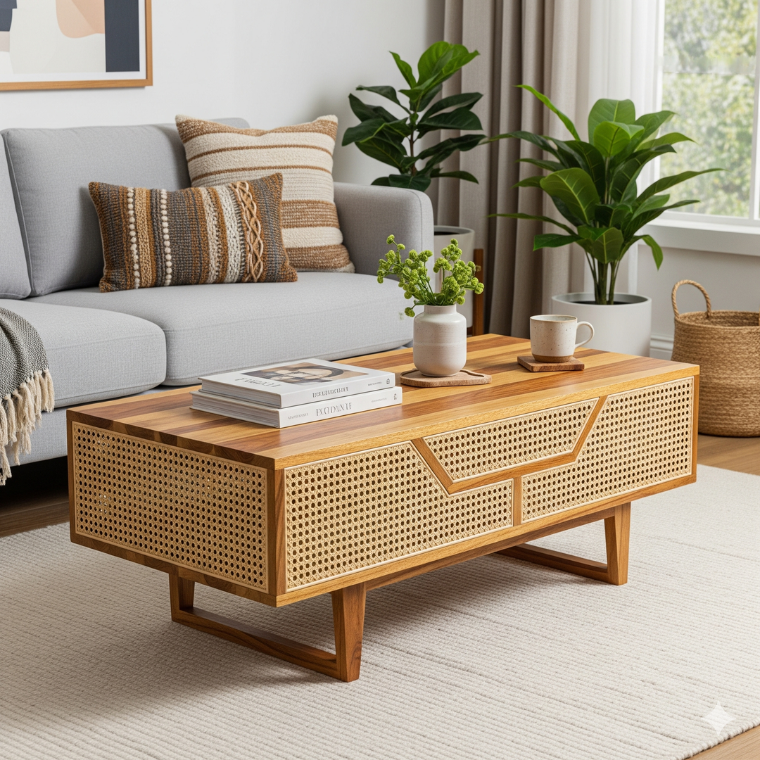 Vivaan Sheesham Wood & Cane Coffee Table for Living Room – Honey Finish