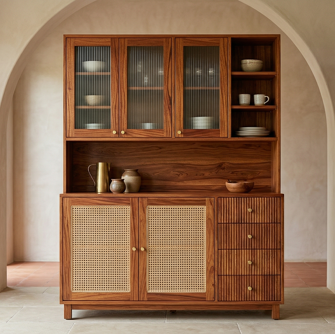 Leo Classic Kitchen Cabinet with Glass Cane Weave (Honey Finish)