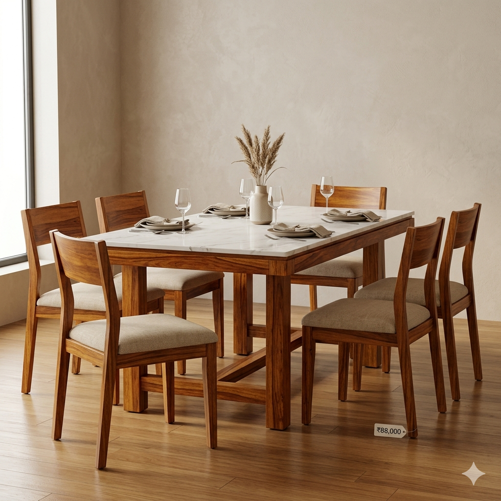 Petrov Solid Sheesham Wood 6 Seater Dining Table Set