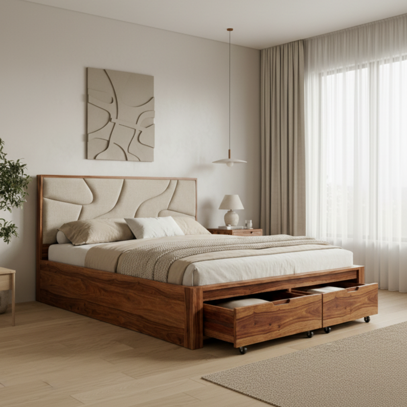Jonah Premium Sheesham Wood Bed with Fabric Headboard