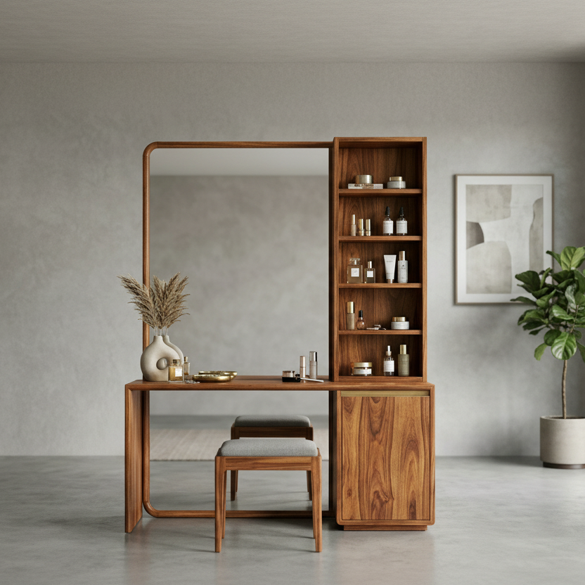 Leo Sheesham Wood Dressing Table with Mirror and Storage (Honey Finish)
