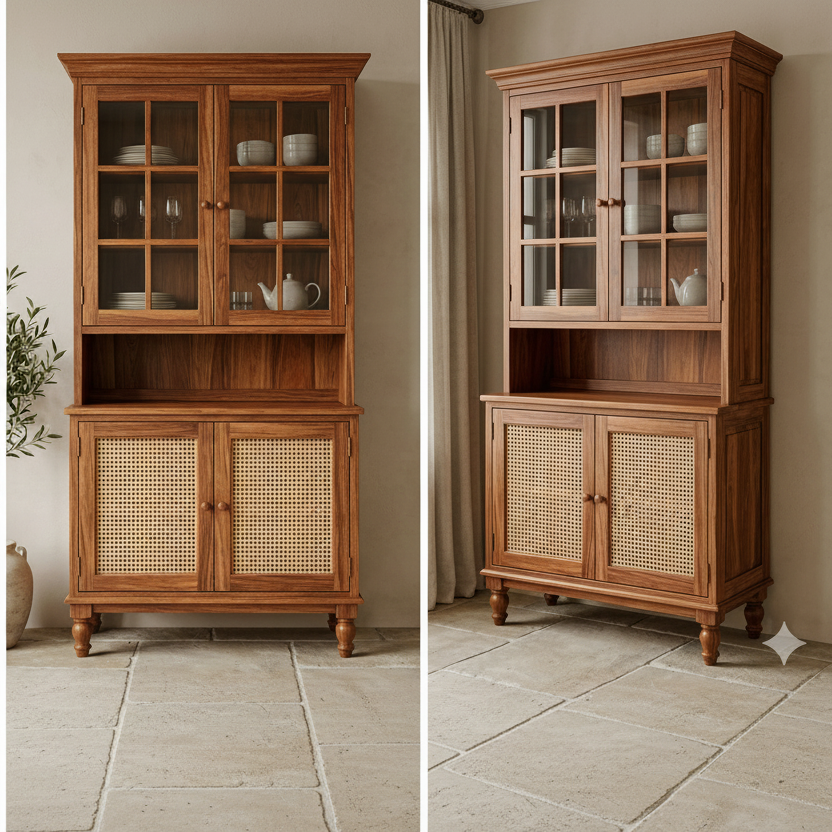 Whanau Classic Kitchen Cabinet with Glass Cane Weave (Honey Finish)