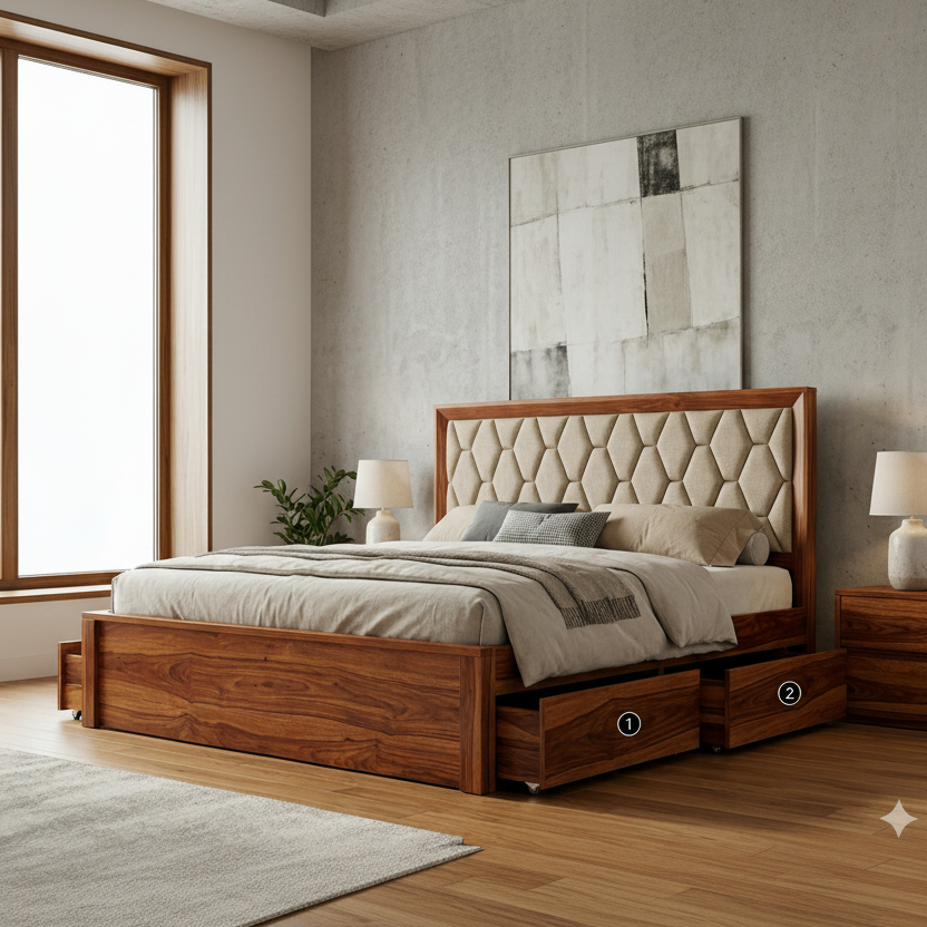 Hunter Premium Sheesham Wood Bed with Fabric Headboard