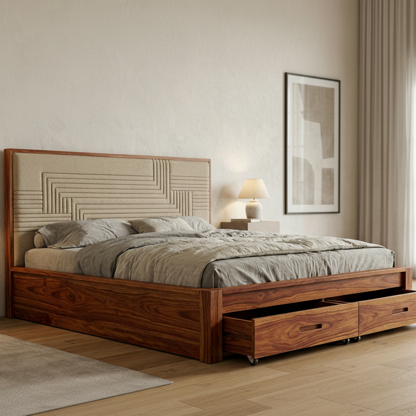 Felix Premium Sheesham Wood Bed with Fabric Headboard