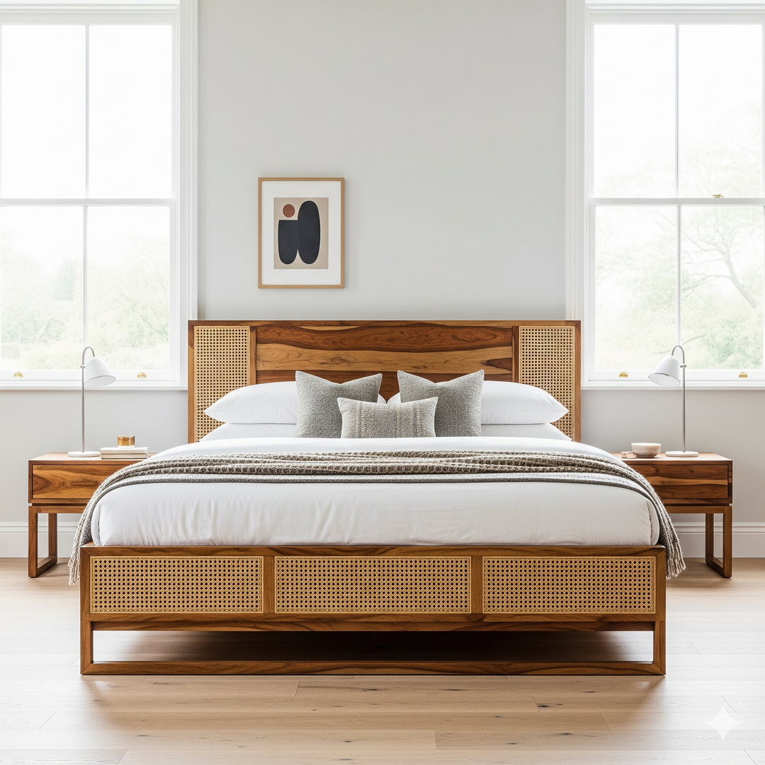 Shalini Sheesham Wood & Cane Bed – Honey Finish
